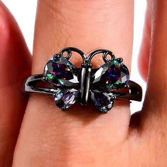 Women's Black Rainbow Sapphire Cocktail Ring Jewelry - Gothic and Vintage style 925 Violet Sapphire Butterfly Ring - Women's Diamond